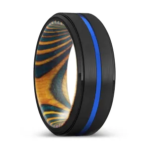 FLAMING | Green & Yellow Wood, Black Tungsten Ring, Blue Groove, Stepped Edge