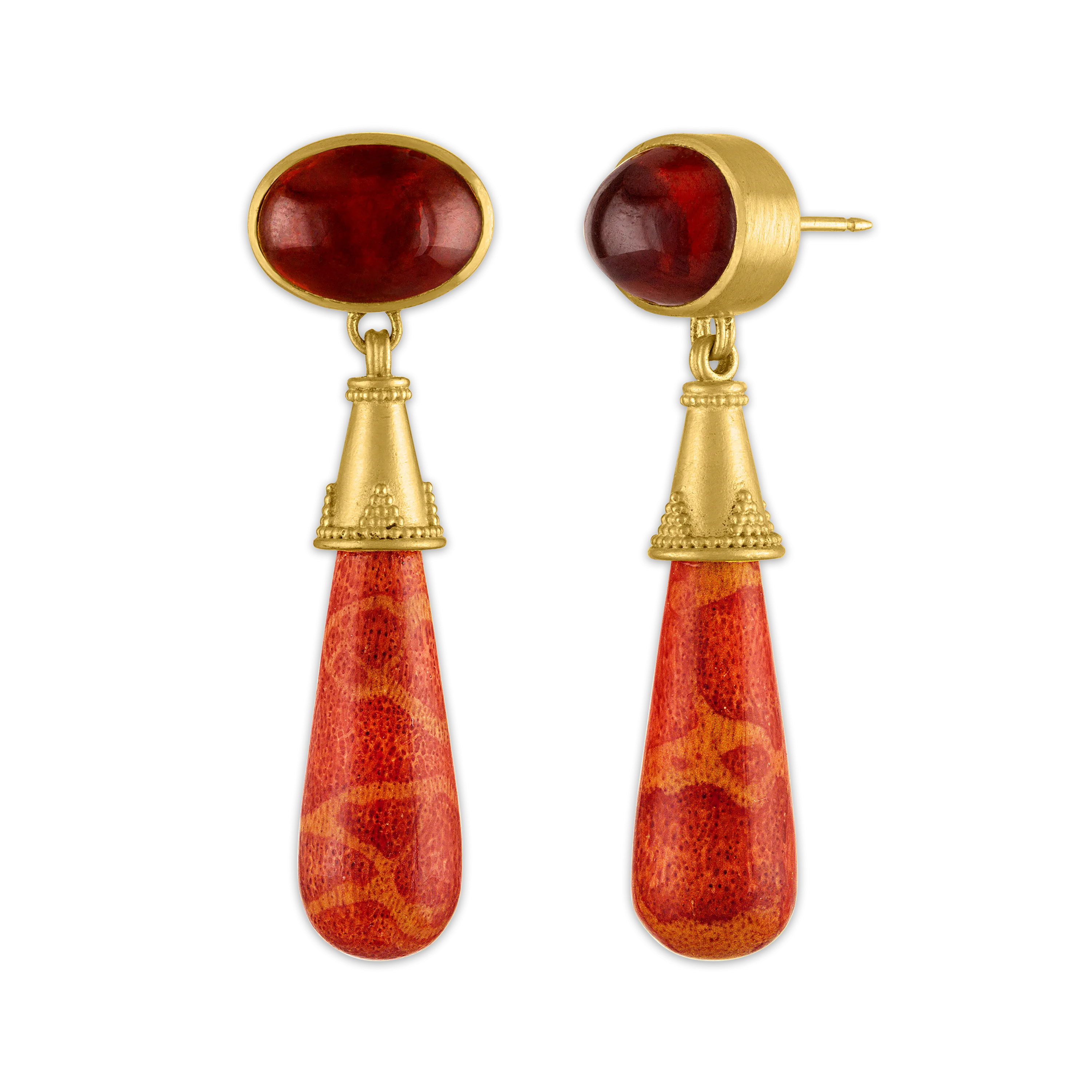 Garnet and Coral Granulated Amphora Earrings