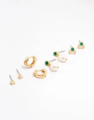 Gold Plated Emerald Stone & Pearl Earrings 4-Pack