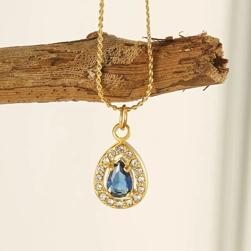 Gold Teardrop Pendant Necklace with Crystal Zircon – Elegant Stainless Steel Chain