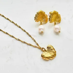 Golden Ginkgo Leaf Necklace and Freshwater Pearl Drop Earrings Set