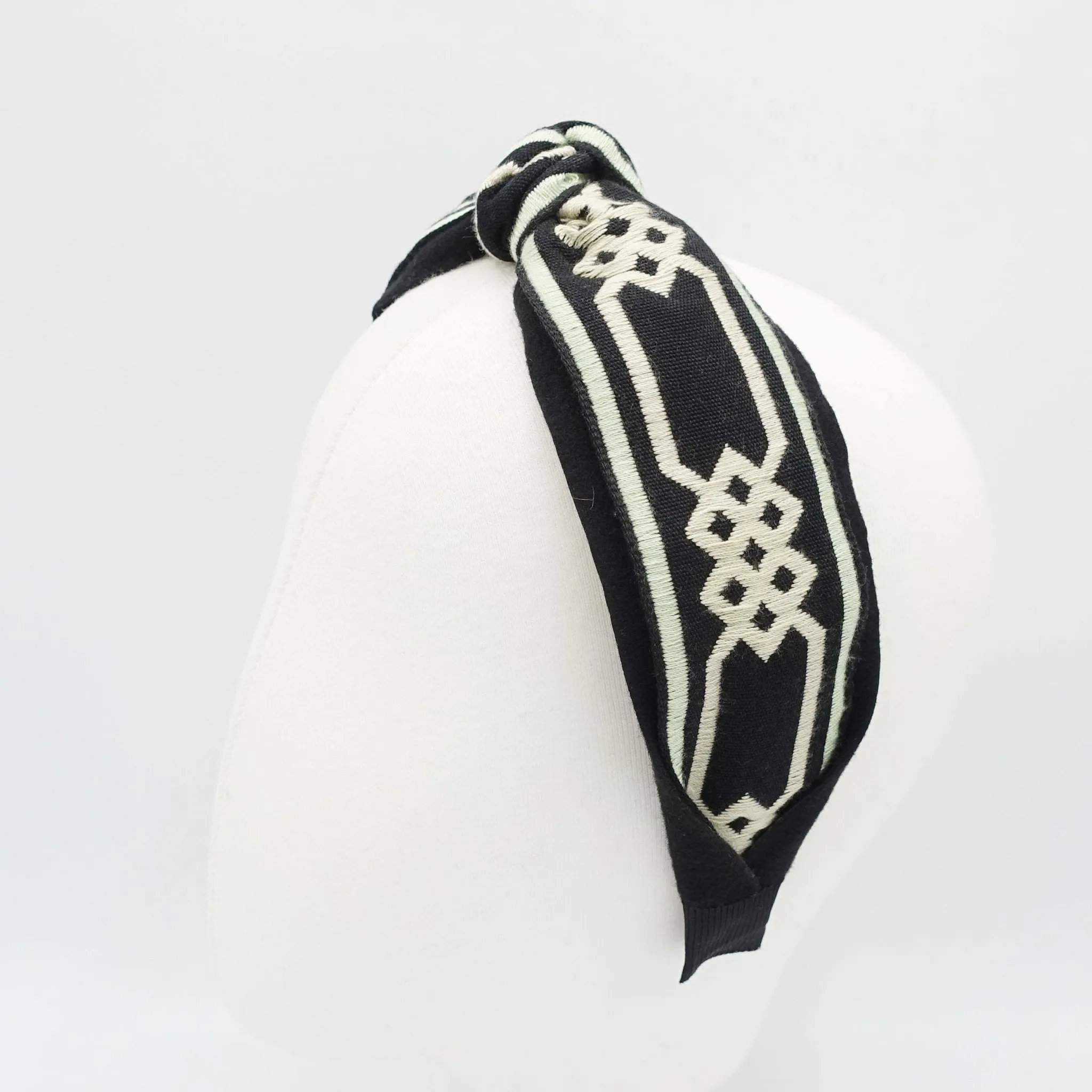 Greek Key pattern embroidery top knot headband