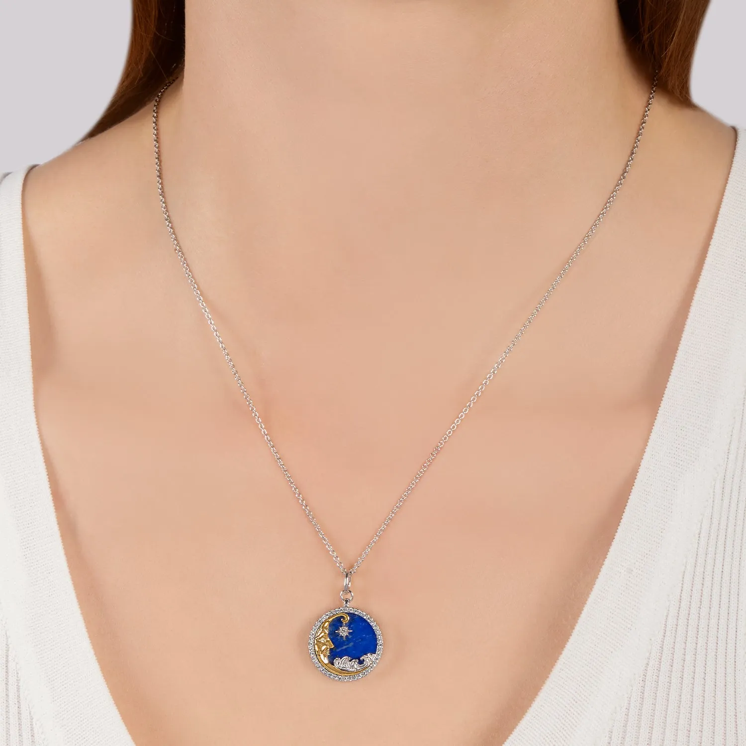 Hallmark Fine Jewelry Over The Moon Medallion in Sterling Silver & 14K Yellow Gold with Diamonds & Lapis