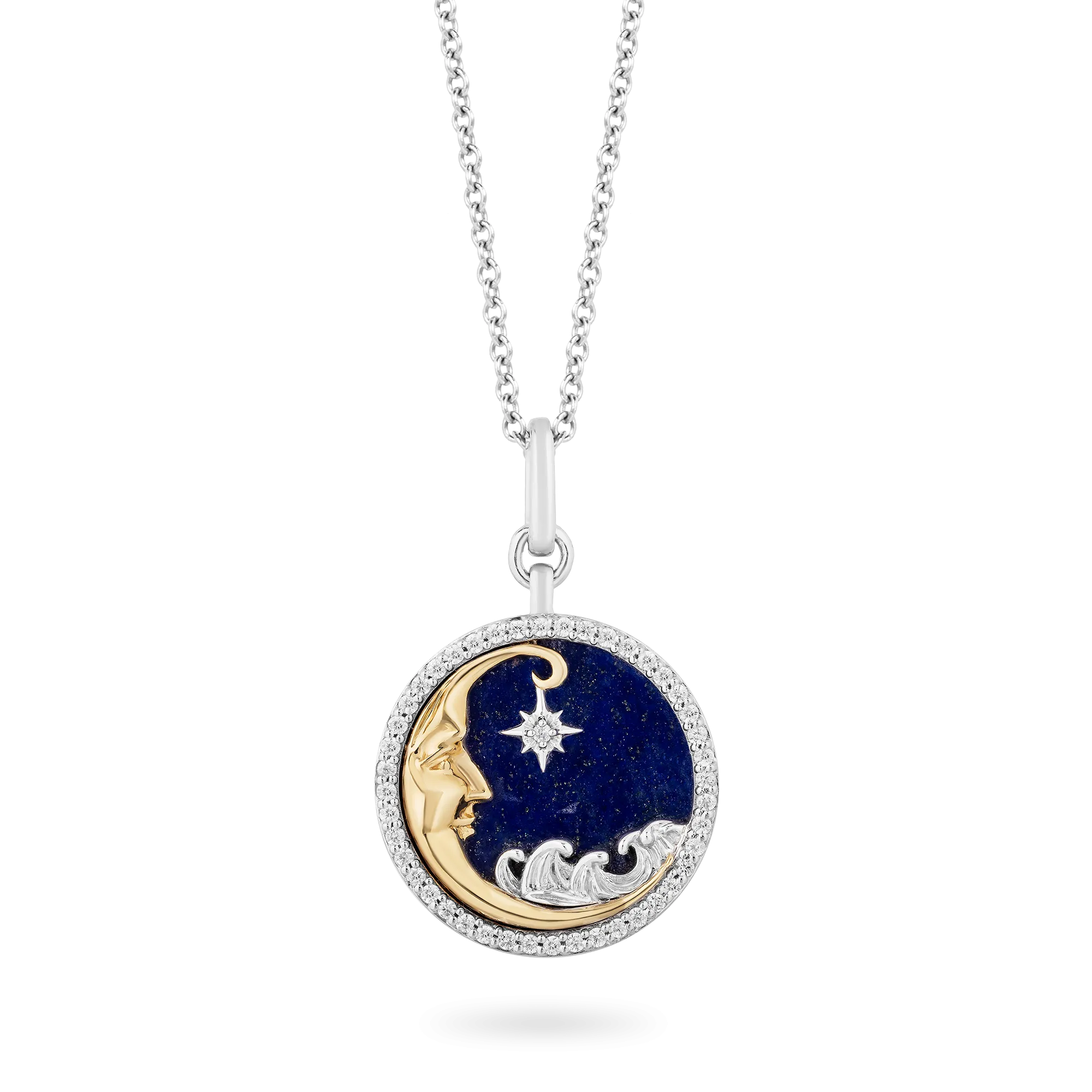 Hallmark Fine Jewelry Over The Moon Medallion in Sterling Silver & 14K Yellow Gold with Diamonds & Lapis