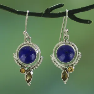 Handmade Lapis Lazuli and Citrine Dangle Earrings from India - Glory in Blue | NOVICA