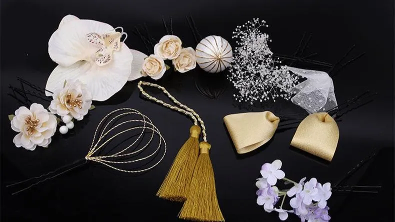 Handmade Tsumami Kanzashi Hairpin 18 Piece Set 【Champagne Wedding】