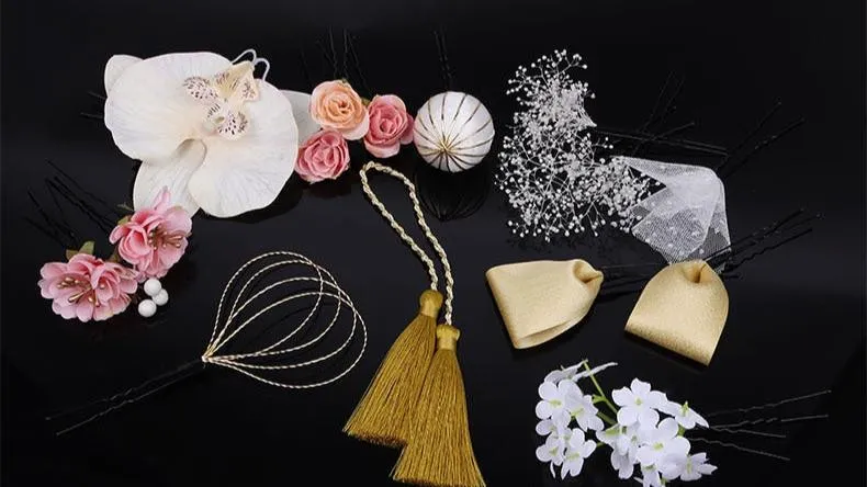 Handmade Tsumami Kanzashi Hairpin 18 Piece Set 【Champagne Wedding】