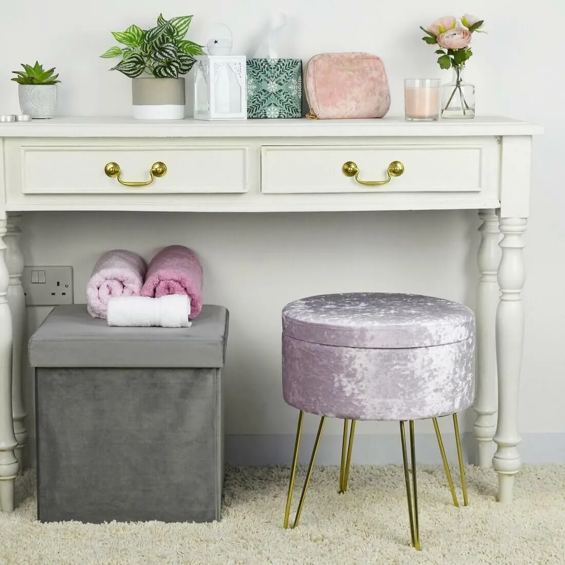 Hodge & Hodge Aria Plush Velvet Storage Stool With Gold Legs