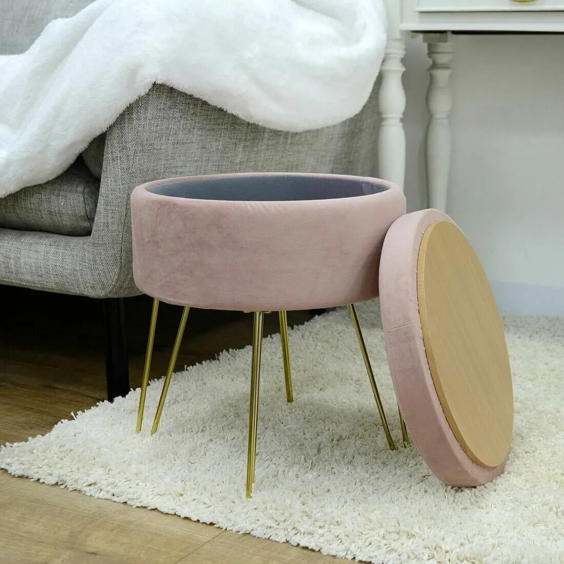 Hodge & Hodge Aria Plush Velvet Storage Stool With Gold Legs