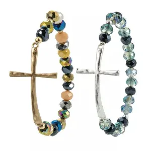 Inspirational Cross Stretch Bracelet Silver or Gold Glass Beads Affordable