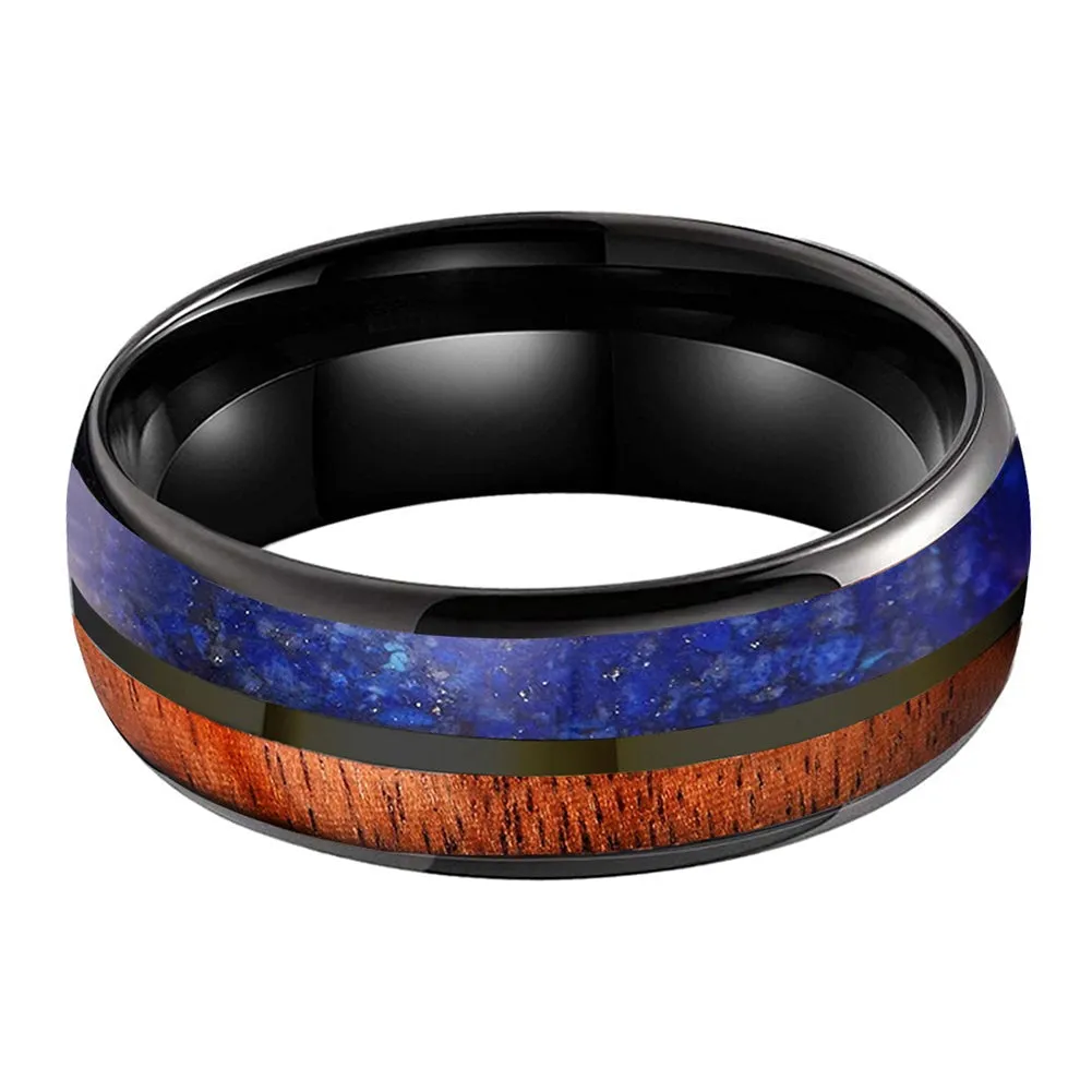 Koa Wood & Lapis Lazuli Black Tungsten Ring (8mm)