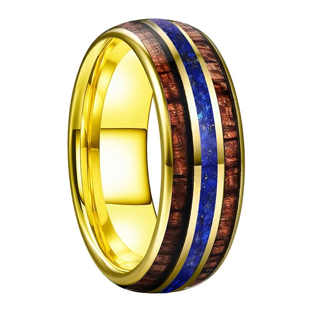 Koa Wood & Lapis Lazuli Triple Inlay Yellow Gold Tungsten Ring (8mm)