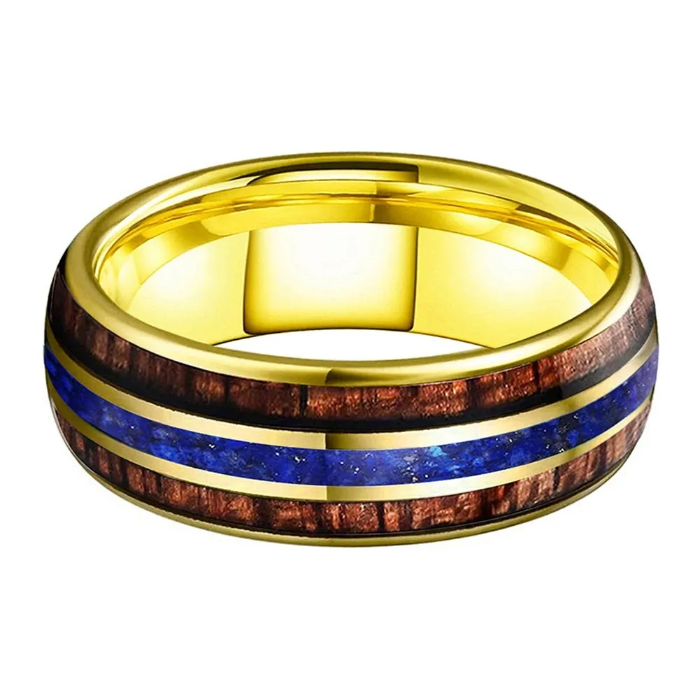 Koa Wood & Lapis Lazuli Triple Inlay Yellow Gold Tungsten Ring (8mm)