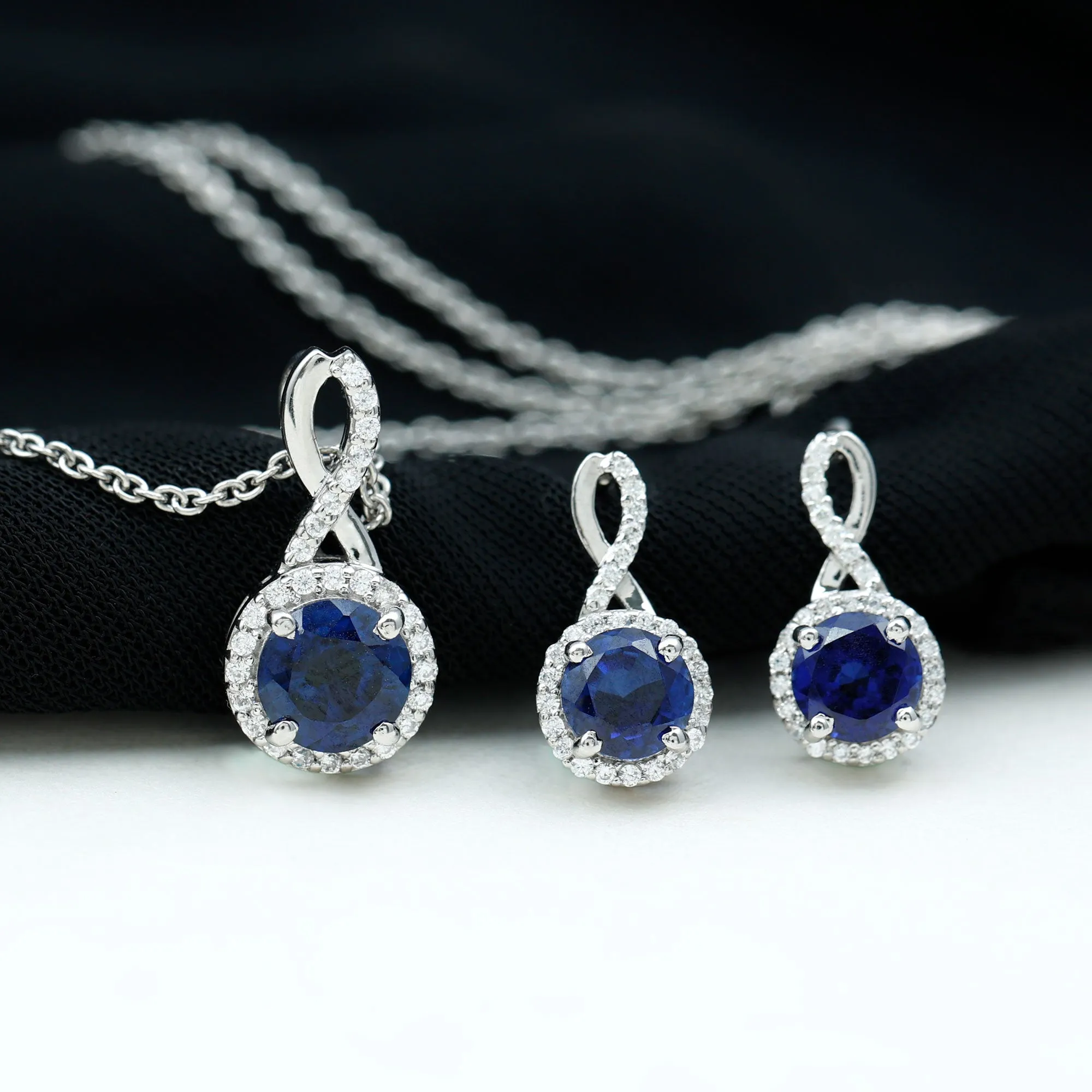 Lab Grown Blue Sapphire Infinity Jewelry Set with Zircon