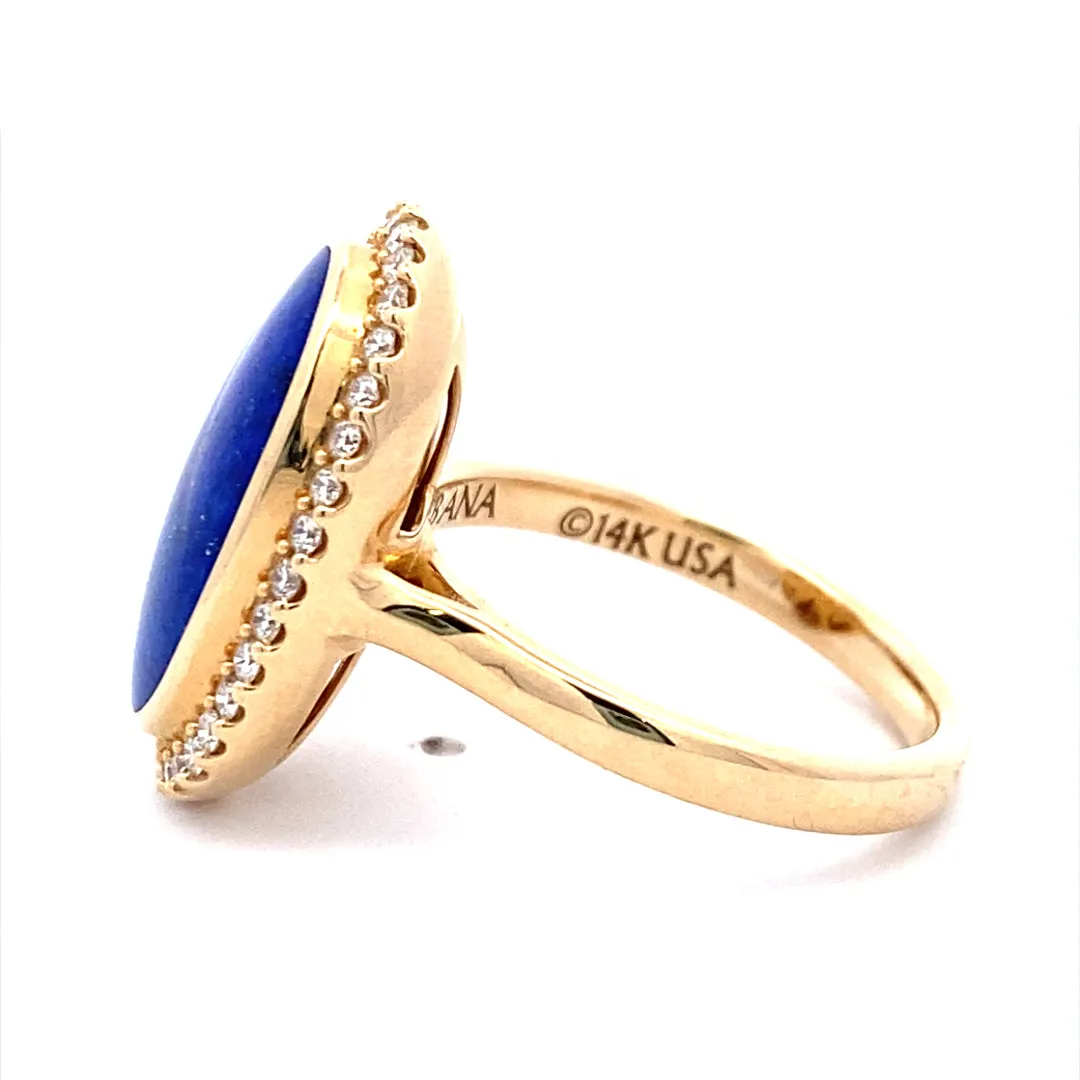 Lapis & Diamond Ring Halo Style 14 Karat Yellow Gold Kabana