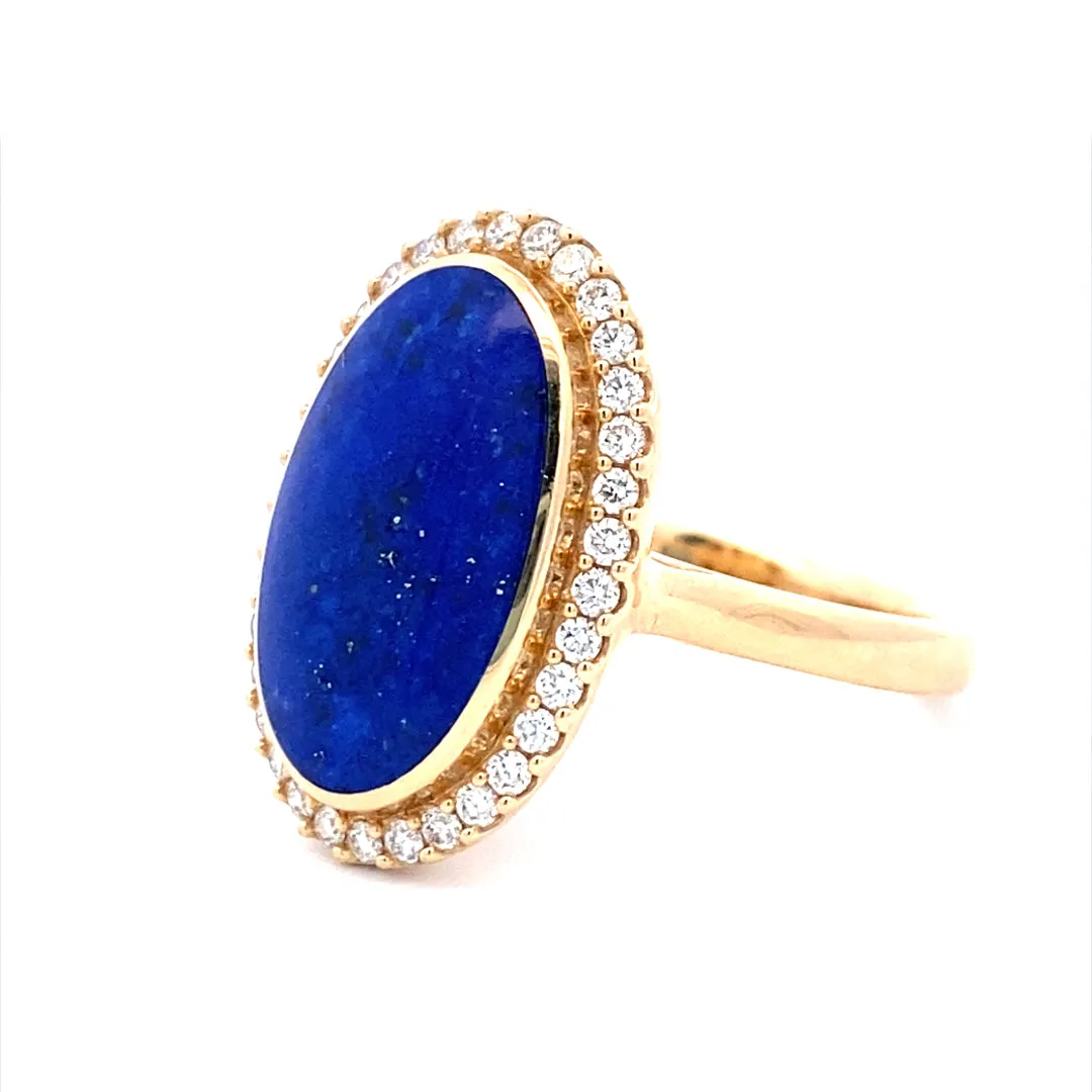 Lapis & Diamond Ring Halo Style 14 Karat Yellow Gold Kabana