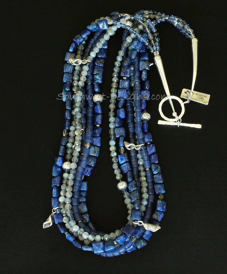 Lapis, Indonesian Glass and Labradorite 6-Strand Necklace with Czech Fire Polished Glass, Hill Tribe Silver Charms & Rondelle Beads, and Sterling Silver Cones and Toggle Clasp