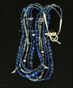 Lapis, Indonesian Glass and Labradorite 6-Strand Necklace with Czech Fire Polished Glass, Hill Tribe Silver Charms & Rondelle Beads, and Sterling Silver Cones and Toggle Clasp