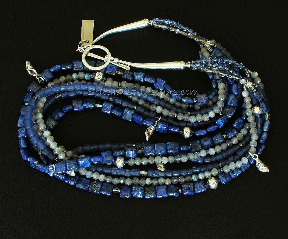 Lapis, Indonesian Glass and Labradorite 6-Strand Necklace with Czech Fire Polished Glass, Hill Tribe Silver Charms & Rondelle Beads, and Sterling Silver Cones and Toggle Clasp