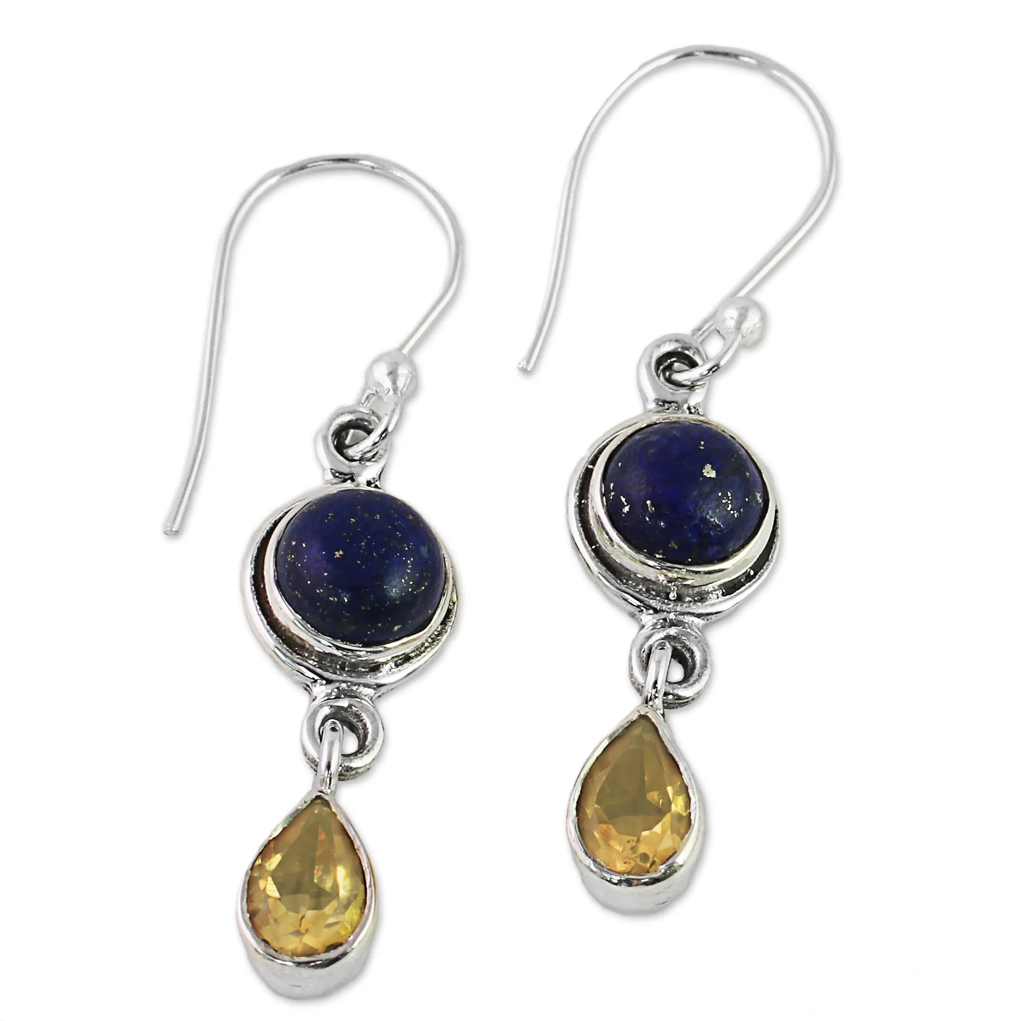 Lapis Lazuli and Citrine Sterling Silver Dangle Earrings - Drops of Sun | NOVICA