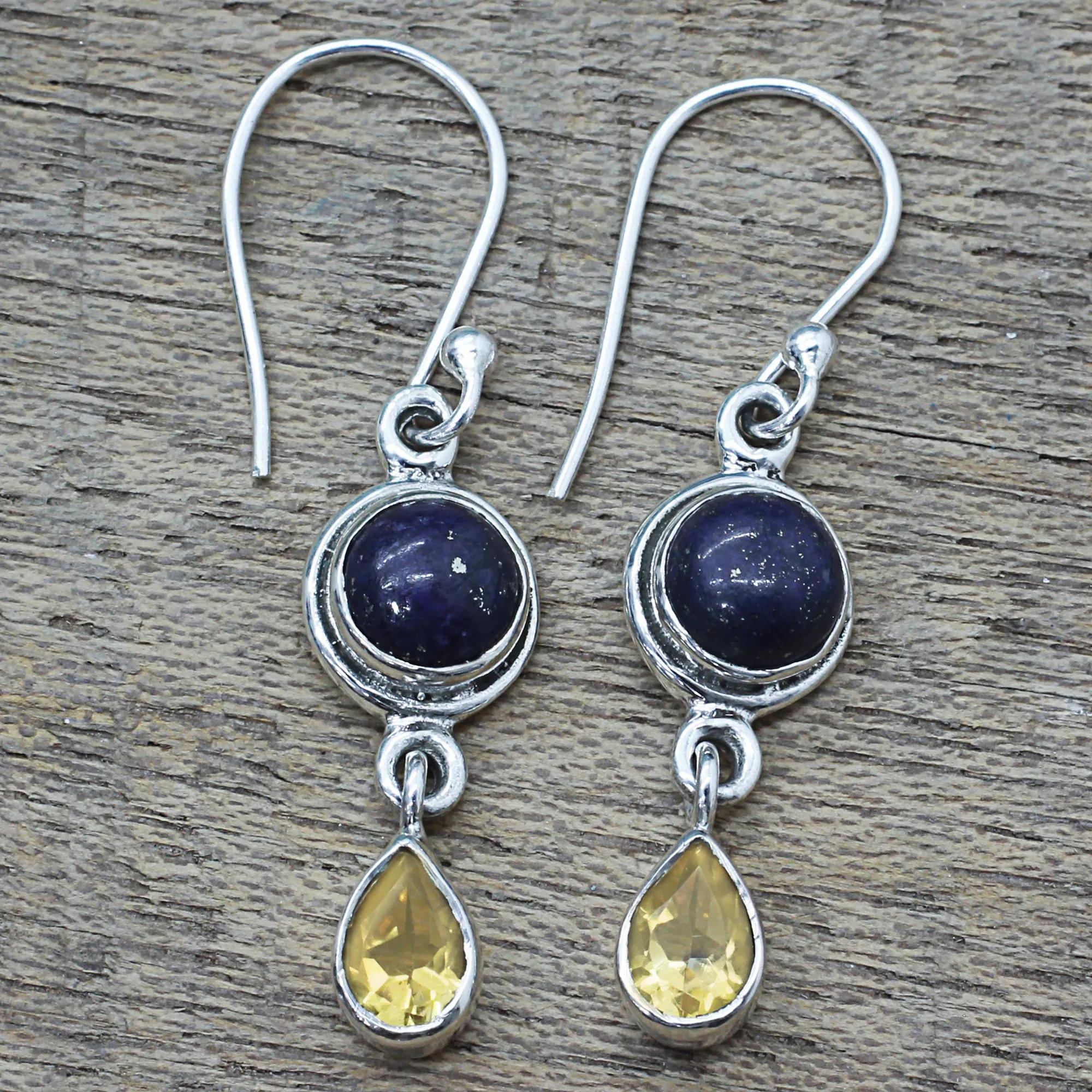 Lapis Lazuli and Citrine Sterling Silver Dangle Earrings - Drops of Sun | NOVICA