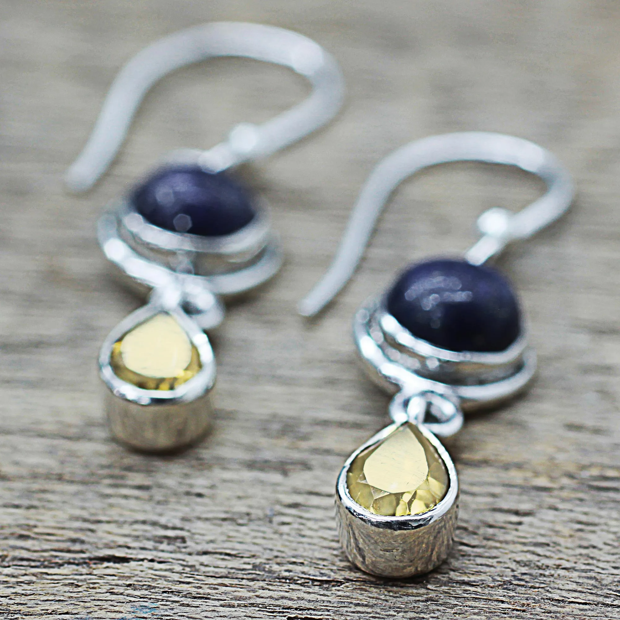 Lapis Lazuli and Citrine Sterling Silver Dangle Earrings - Drops of Sun | NOVICA