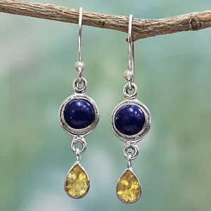 Lapis Lazuli and Citrine Sterling Silver Dangle Earrings - Drops of Sun | NOVICA