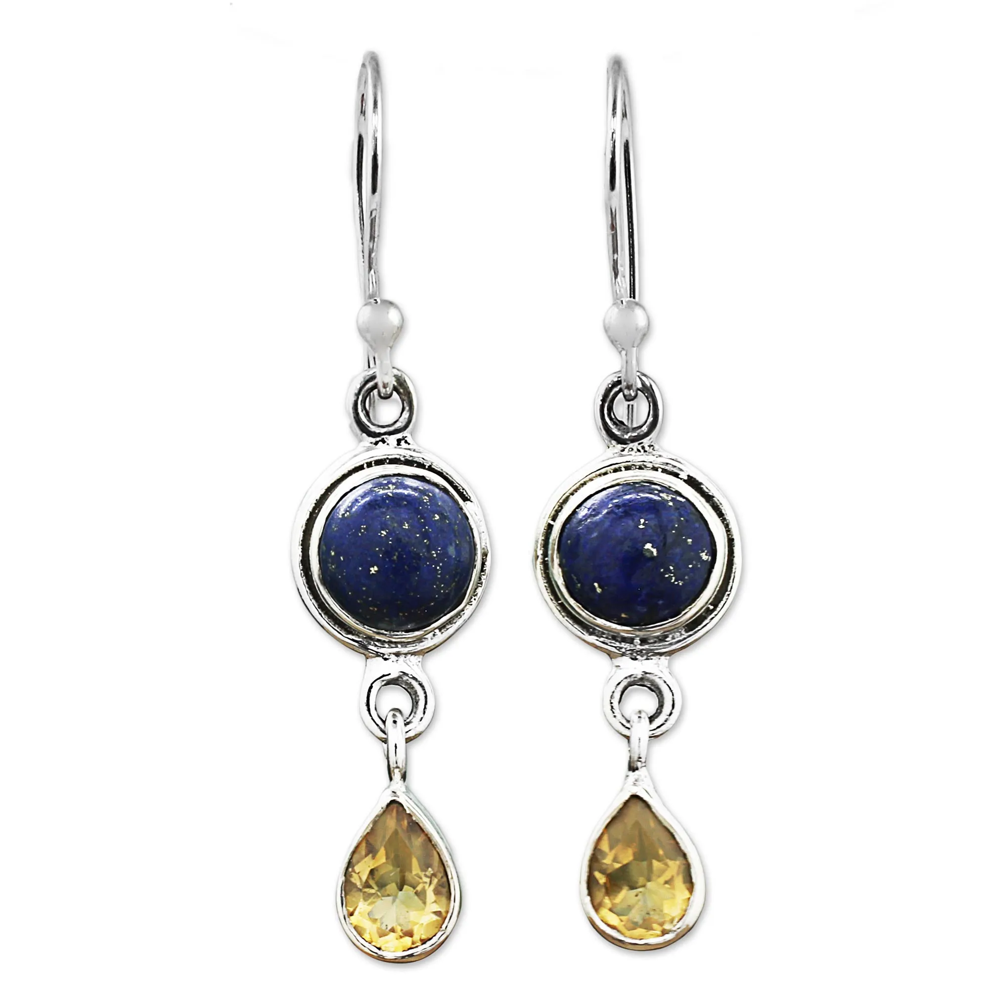 Lapis Lazuli and Citrine Sterling Silver Dangle Earrings - Drops of Sun | NOVICA