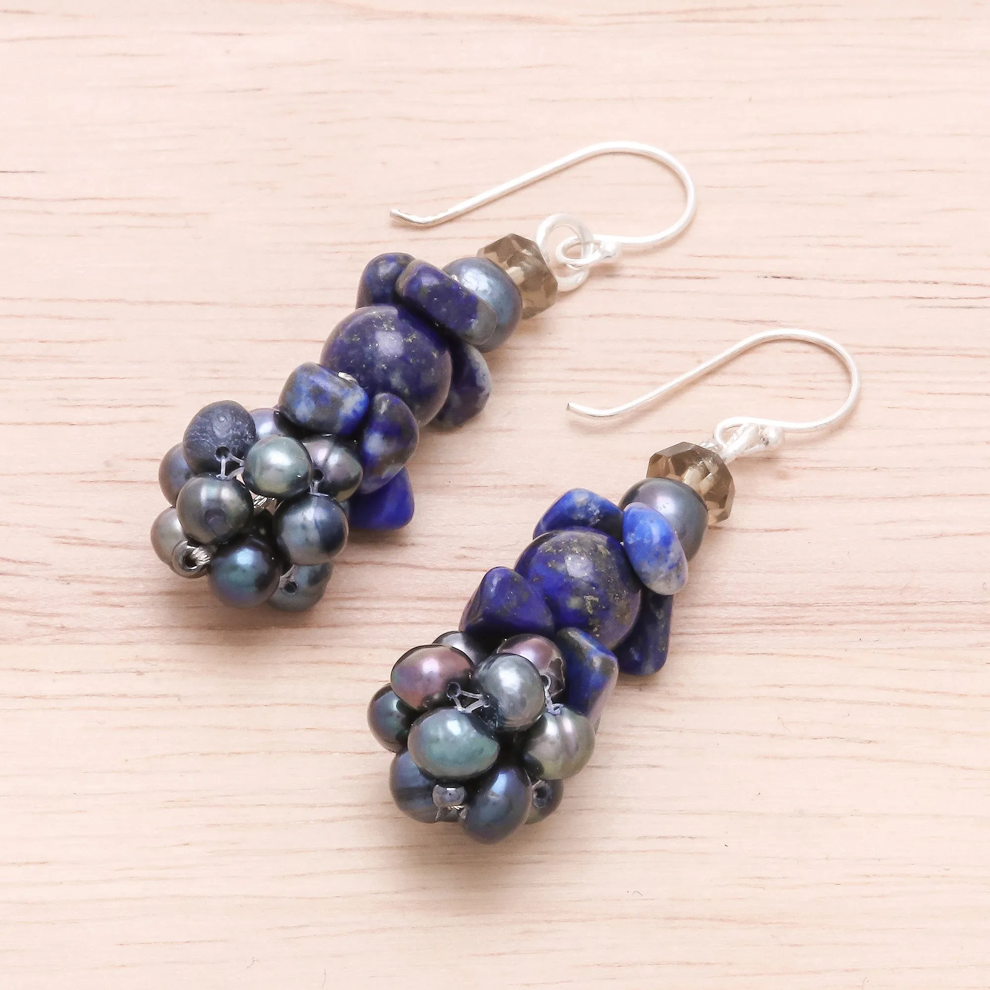 Lapis Lazuli and Cultured Pearl Cluster Earrings - Heaven's Gift | NOVICA