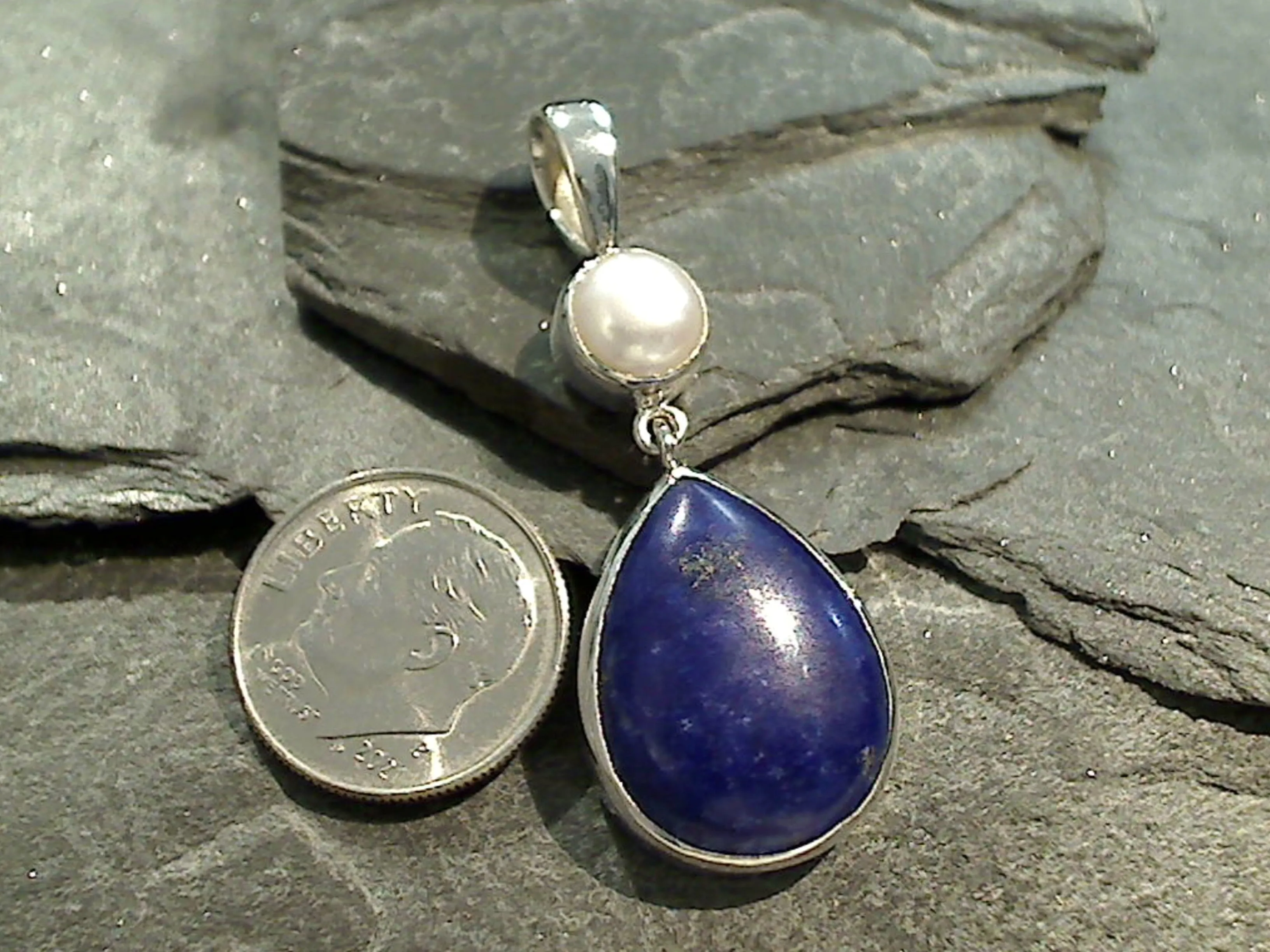 Lapis Lazuli, Pearl, Sterling Pendant