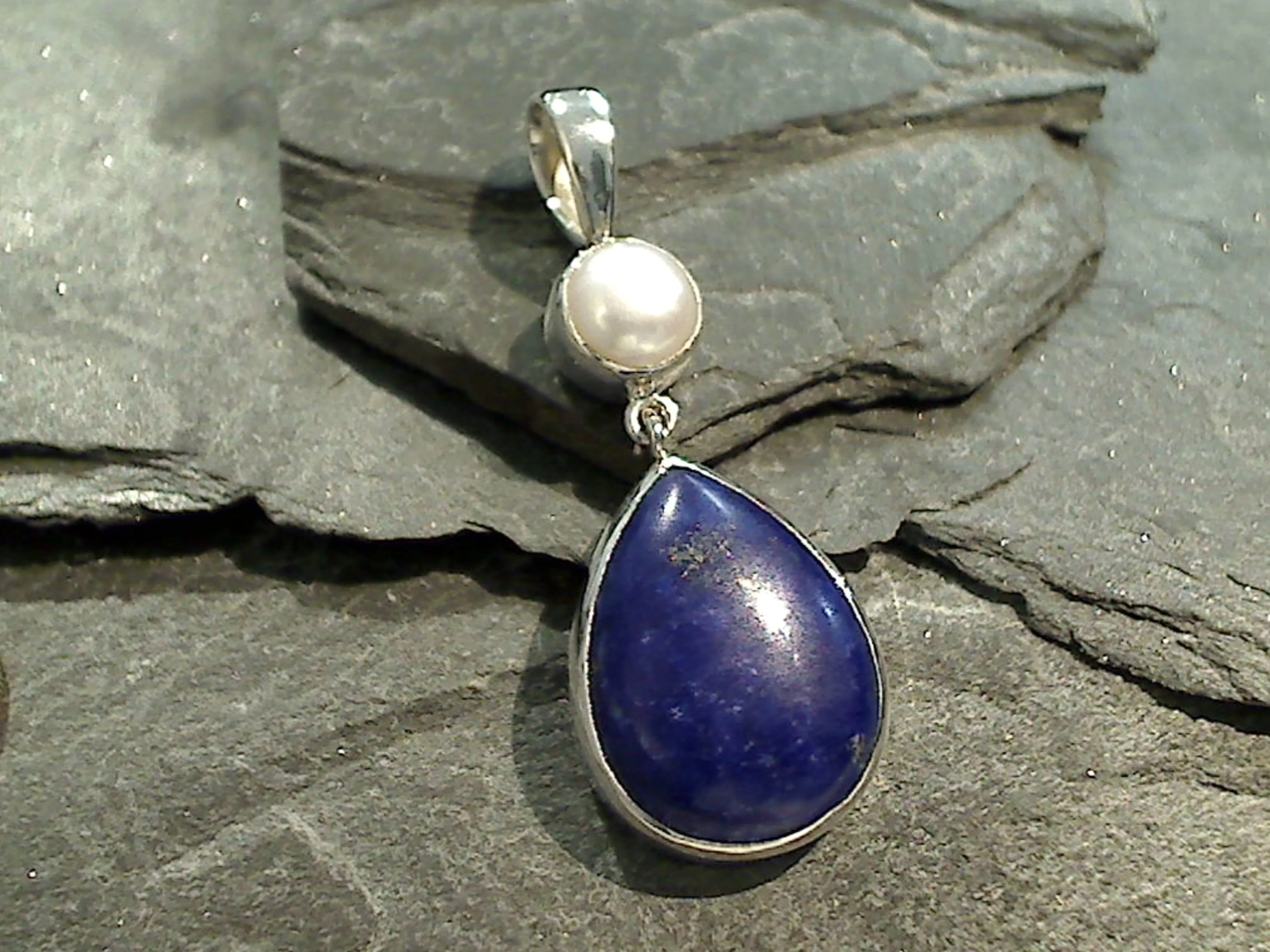 Lapis Lazuli, Pearl, Sterling Pendant