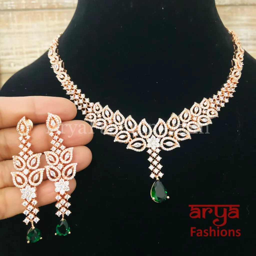 Lavina Emerald Rose Gold Necklace with Long Earrings