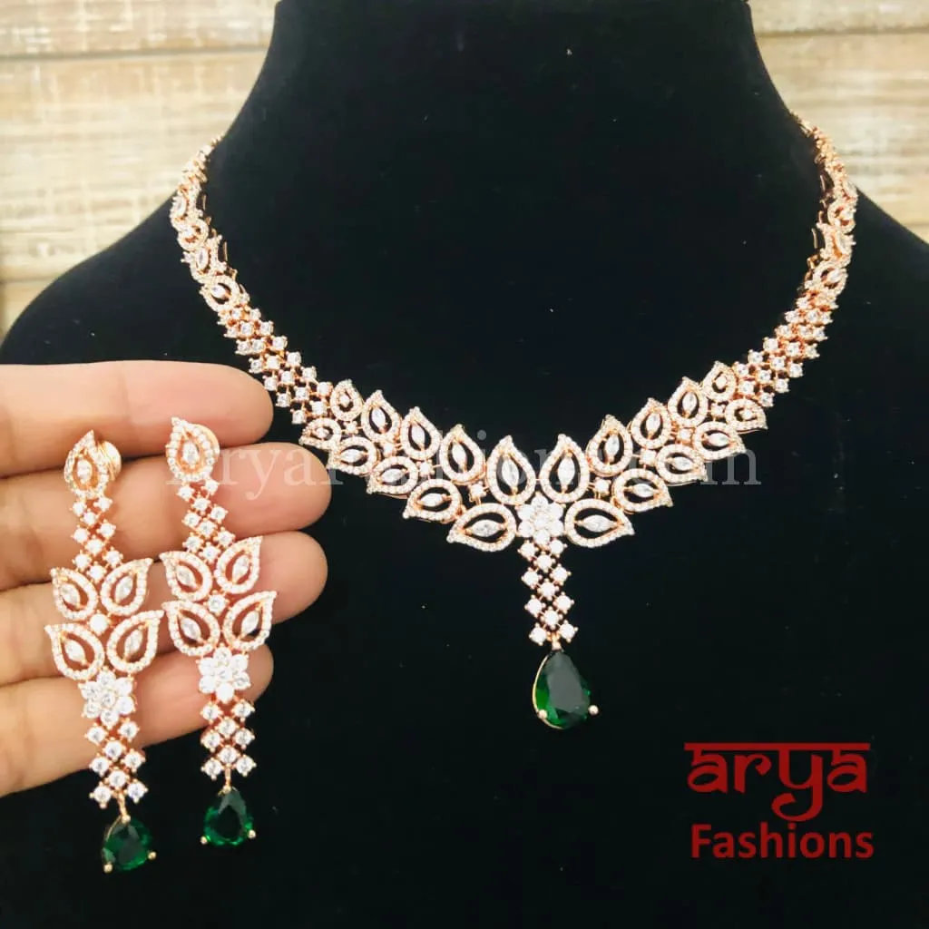 Lavina Emerald Rose Gold Necklace with Long Earrings