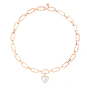 Link Chain Necklace and Mother of Pearl Heart Charm Rose Gold Set