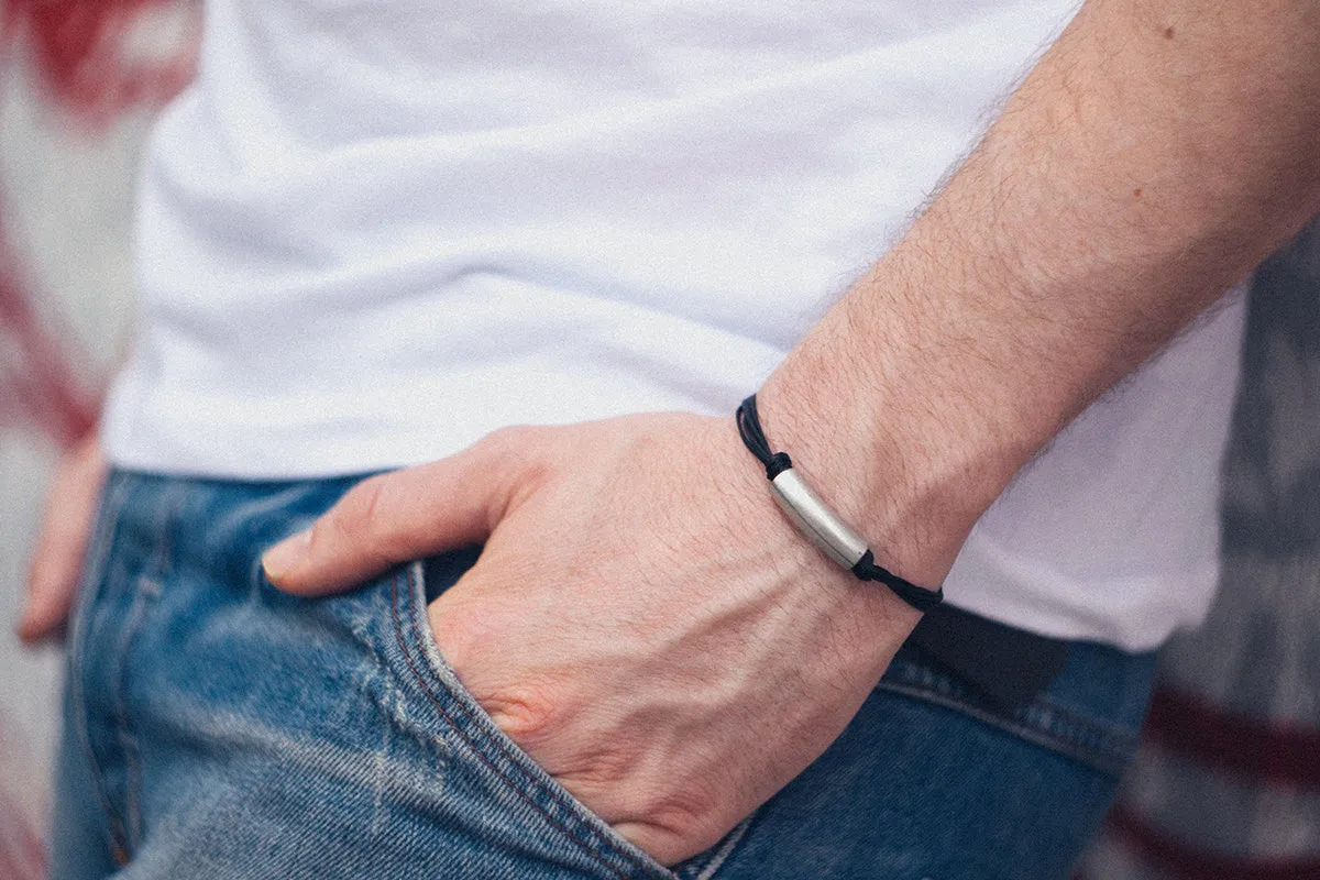 Mens bracelets, black cord bracelet for men with a long silver tube bead