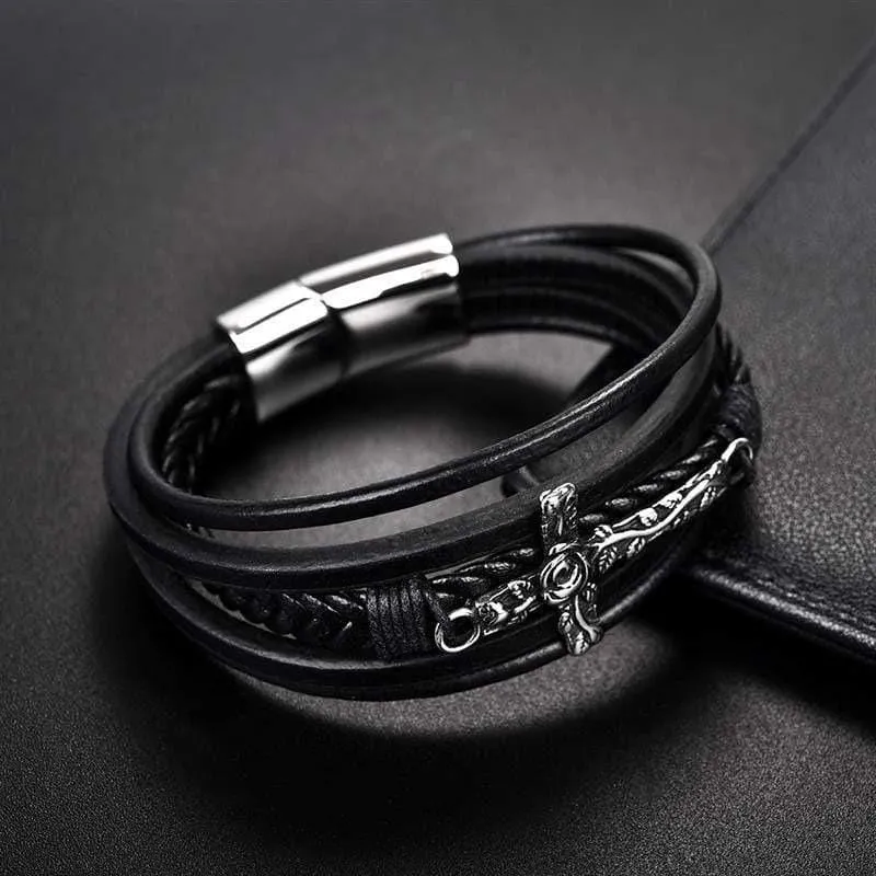 Men's Cross Bracelet<br> Black Cross Flower