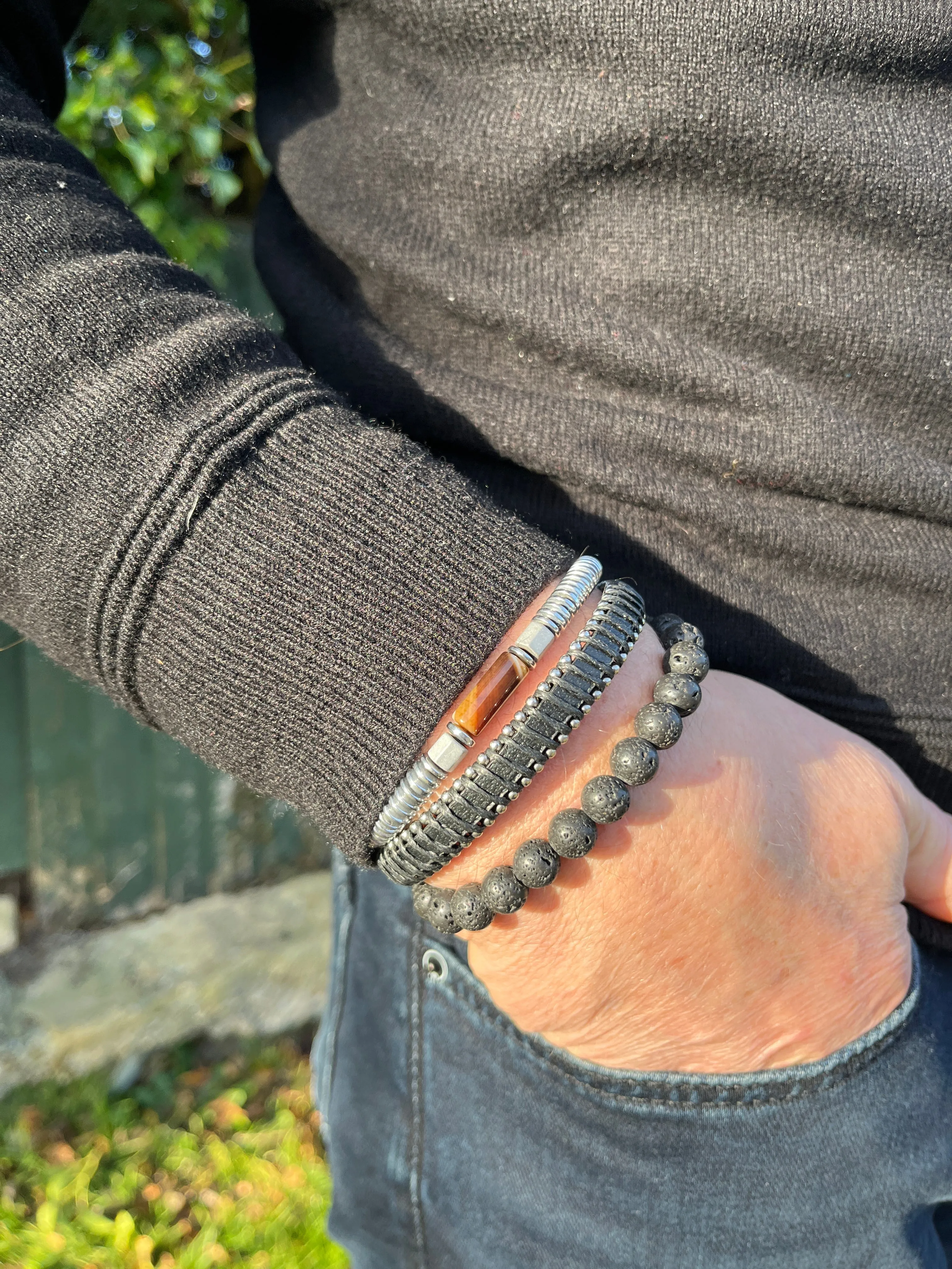 Men’s Natural Stone Beaded Bracelet, Set of 3 Bracelets with Gemstone Hematite Beaded Bracelet, Leather Bracelet, Lava Stone Bracelet