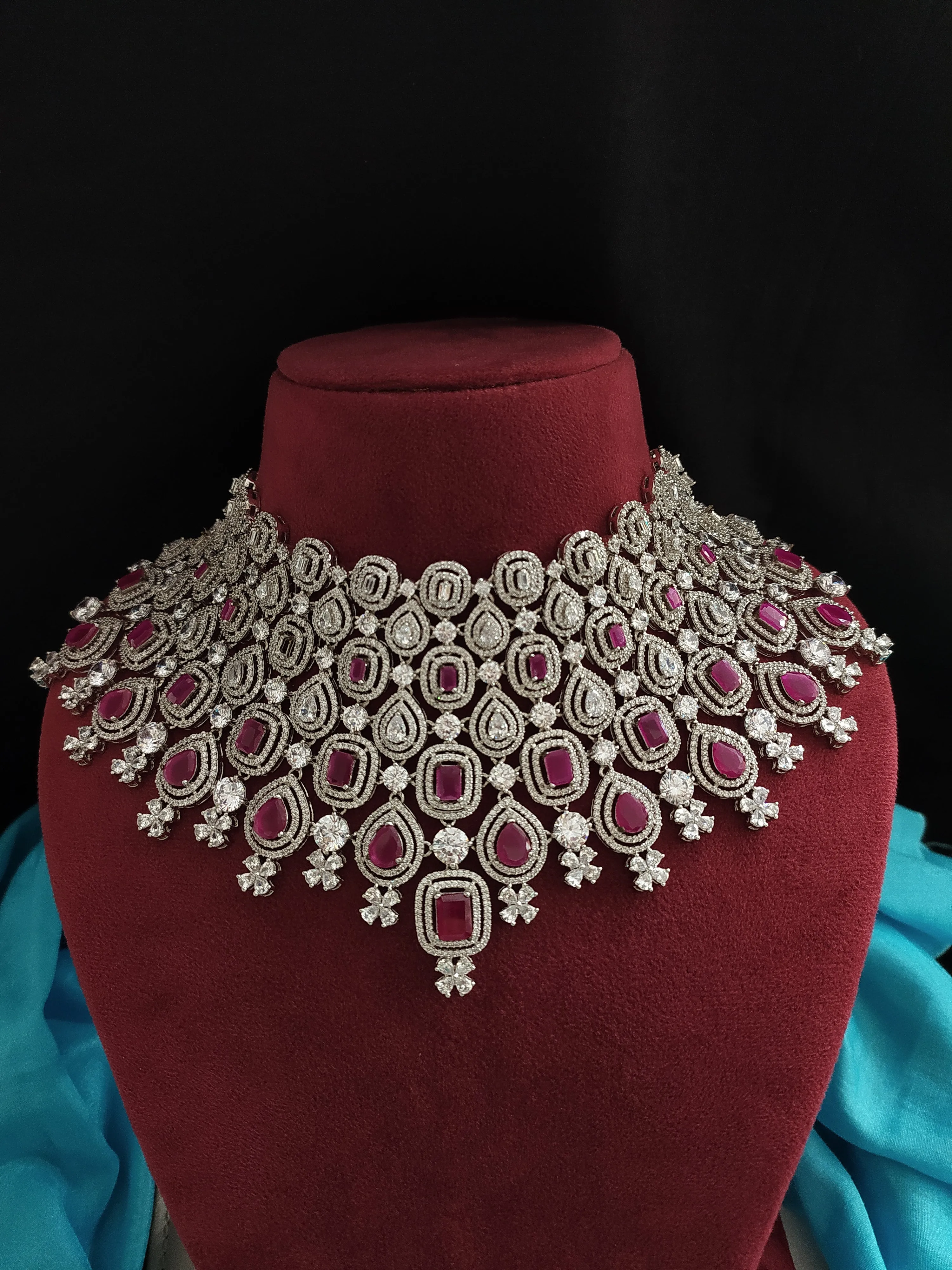 Mesmerizing Heavy Choker Set With Zircon Stones In Hydro Ruby Colour