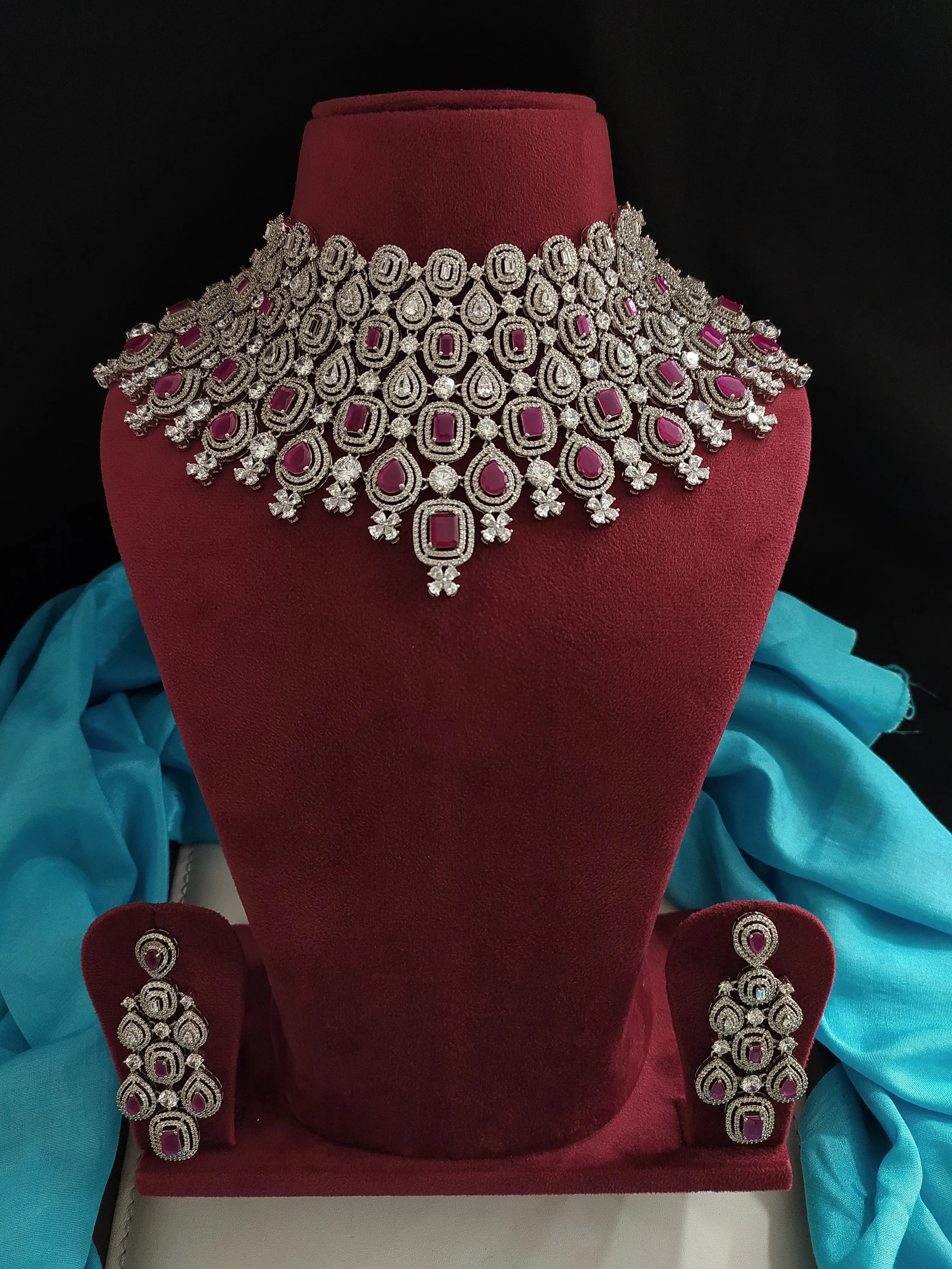 Mesmerizing Heavy Choker Set With Zircon Stones In Hydro Ruby Colour