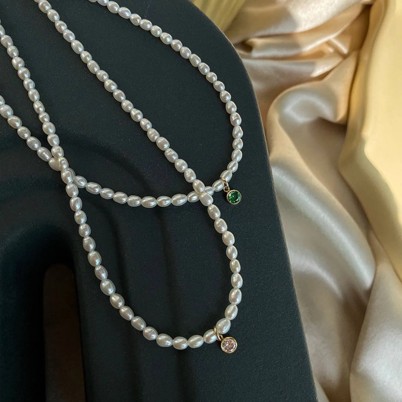 Mini Emerald Zircon Pearl Necklace