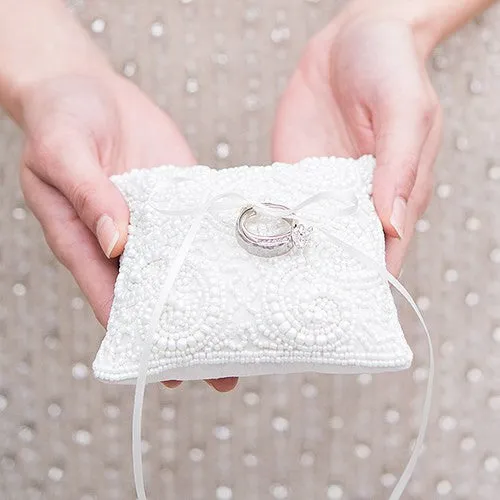 Mini White Beaded Wedding Ring Pillow