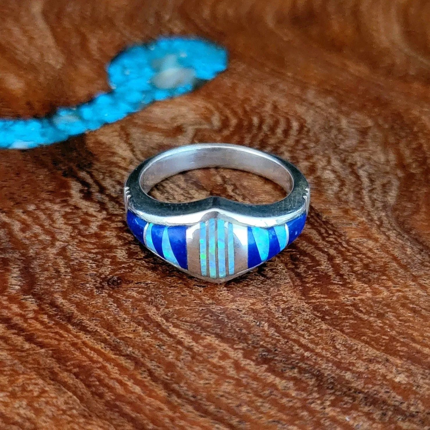 Navajo Cultured Opal Ring with Lapis Inlay BB-RNG-0012