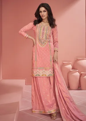 Organza Silk Coral Pink Embroidered Designer Palazzo Suit