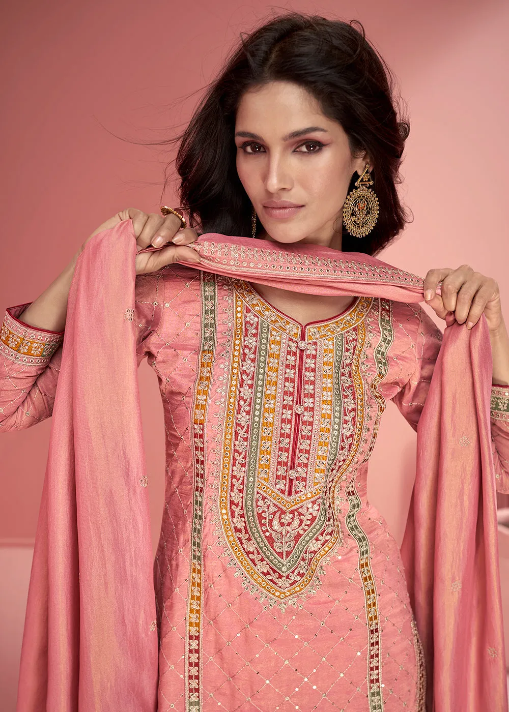 Organza Silk Coral Pink Embroidered Designer Palazzo Suit