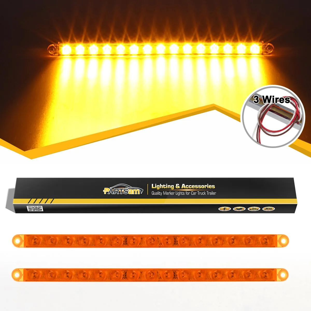 Partsam 2Pcs 12inch Amber Led LED Strip Bar P/T/C Parking Turn Signal Clearance Light Bar 15-2835-SMD Waterproof Sealed Thin 12 Inch Amber LED Turn Signal Light Bar Flush Mount Headlight Bezel Light Bar