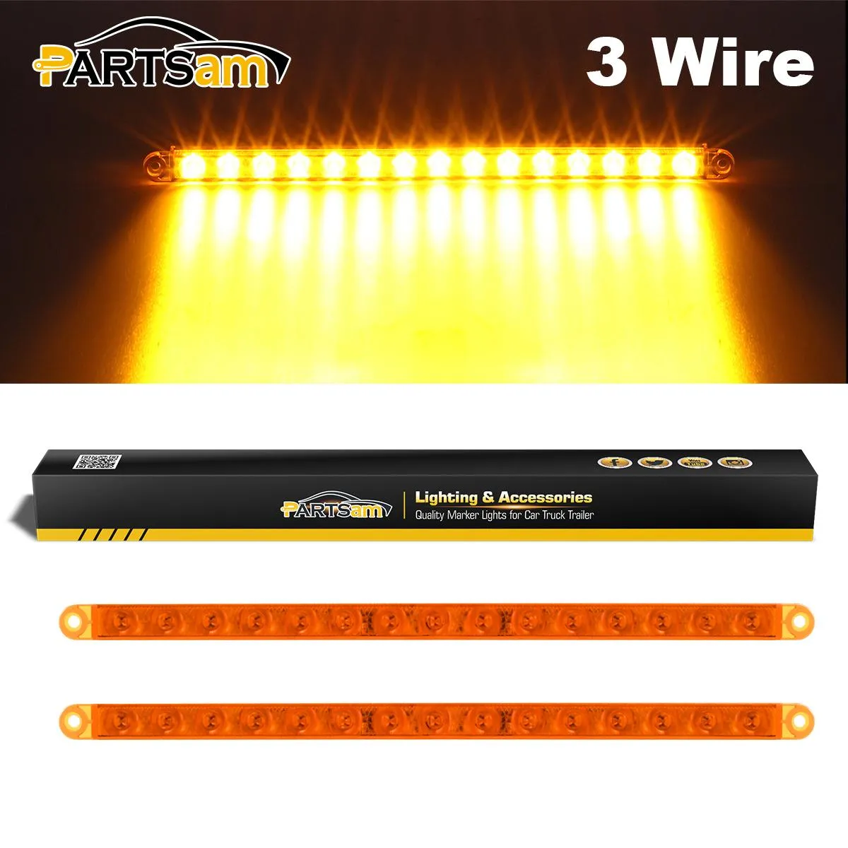 Partsam 2Pcs 12inch Amber Led LED Strip Bar P/T/C Parking Turn Signal Clearance Light Bar 15-2835-SMD Waterproof Sealed Thin 12 Inch Amber LED Turn Signal Light Bar Flush Mount Headlight Bezel Light Bar