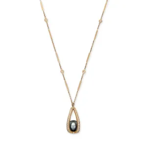 PAVE CAGE WITH BLACK PEARL SMOOTH BAR NECKLACE