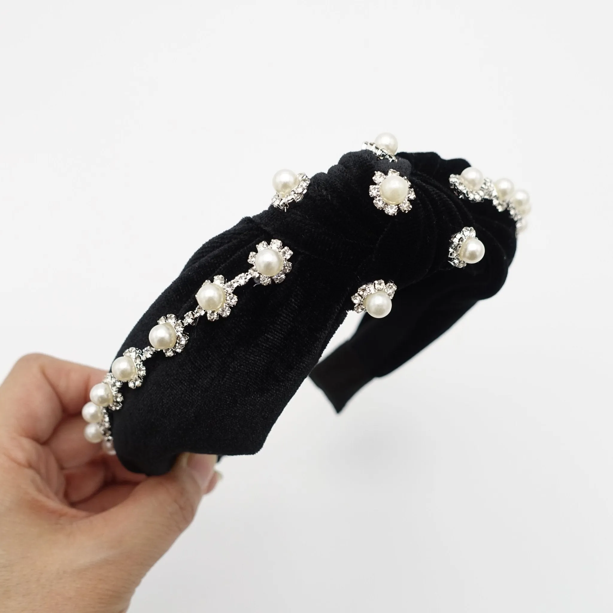 pearl rhinestone headband flower knotted velvet womens hairband accessory