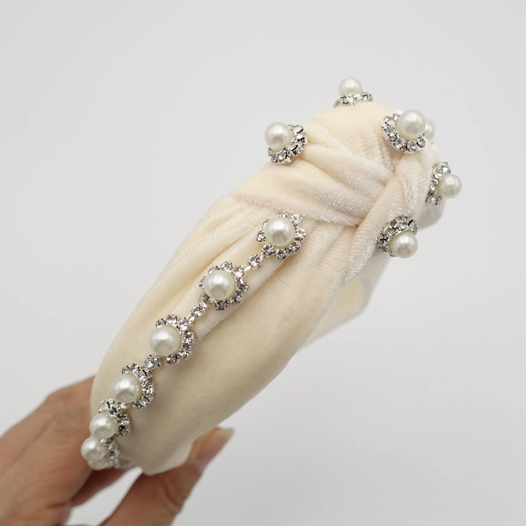 pearl rhinestone headband flower knotted velvet womens hairband accessory