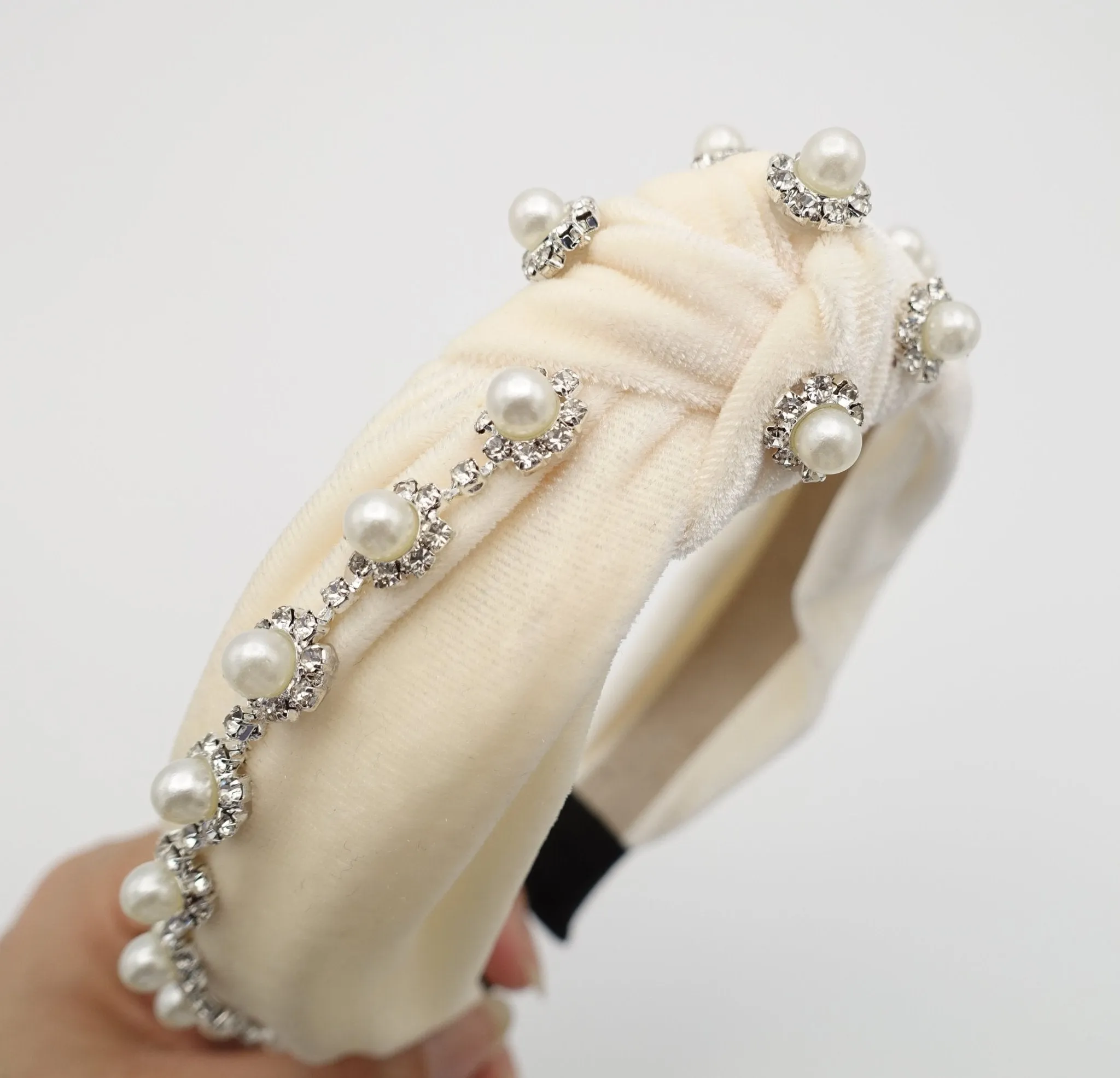 pearl rhinestone headband flower knotted velvet womens hairband accessory